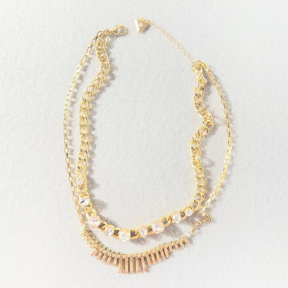GUESS Gold Tone Layered Crystal Statement Necklace